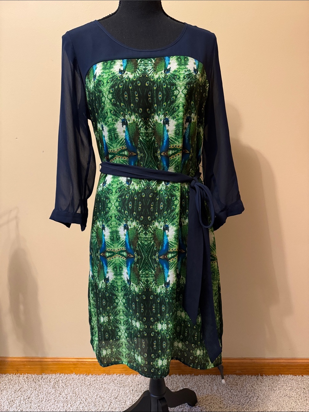 Mauve Navy and Green Peacock-Print Midi Dress